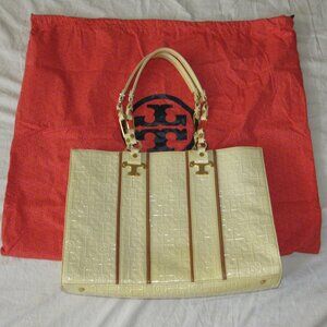 TORY BURCH Nico Lux T Beige Yellow Embossed Patent Leather Tote Bag Purse READ